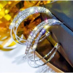 Stacked Hoop Earrings Clear Crystal Silver JA24